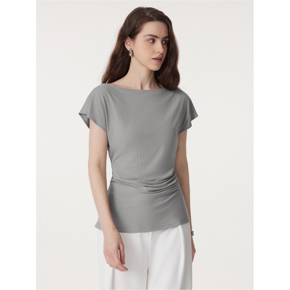OGL Eco-SkinKiss Boatneck Flutter‎ Sleeve Side Tucked Long Tee gray large NWT - Picture 4 of 16